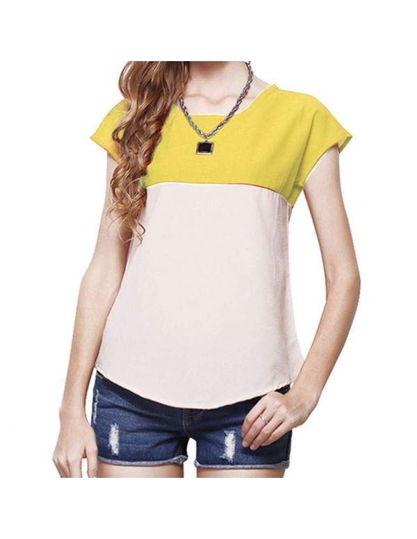 Fashion Short Sleeve Color Splicing T-Shirts Chiffon Tops(Yellow S)