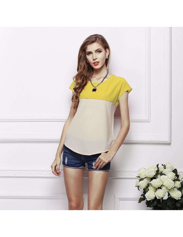 Fashion Short Sleeve Color Splicing T-Shirts Chiffon Tops(Yellow S)