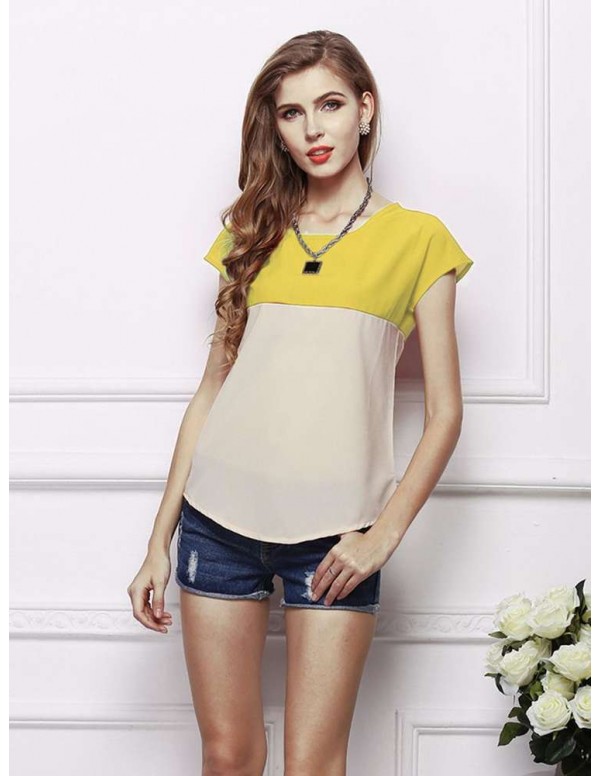 Fashion Short Sleeve Color Splicing T-Shirts Chiffon Tops(Yellow S)