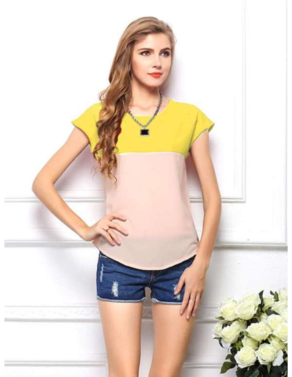 Fashion Short Sleeve Color Splicing T-Shirts Chiffon Tops(Yellow S)