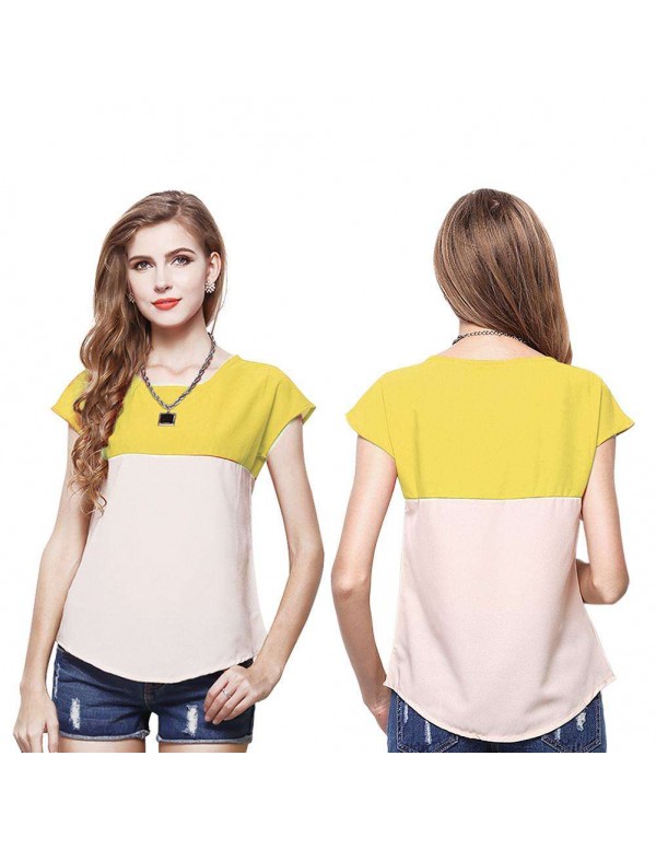 Fashion Short Sleeve Color Splicing T-Shirts Chiffon Tops(Yellow S)