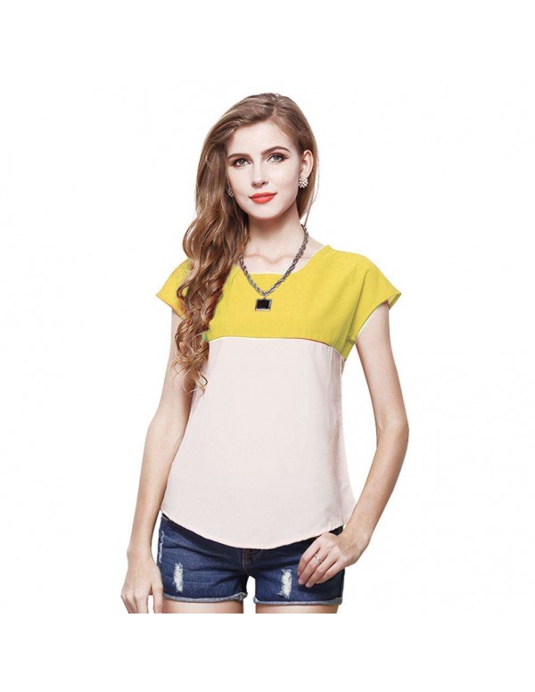 Fashion Short Sleeve Color Splicing T-Shirts Chiffon Tops(Yellow S)