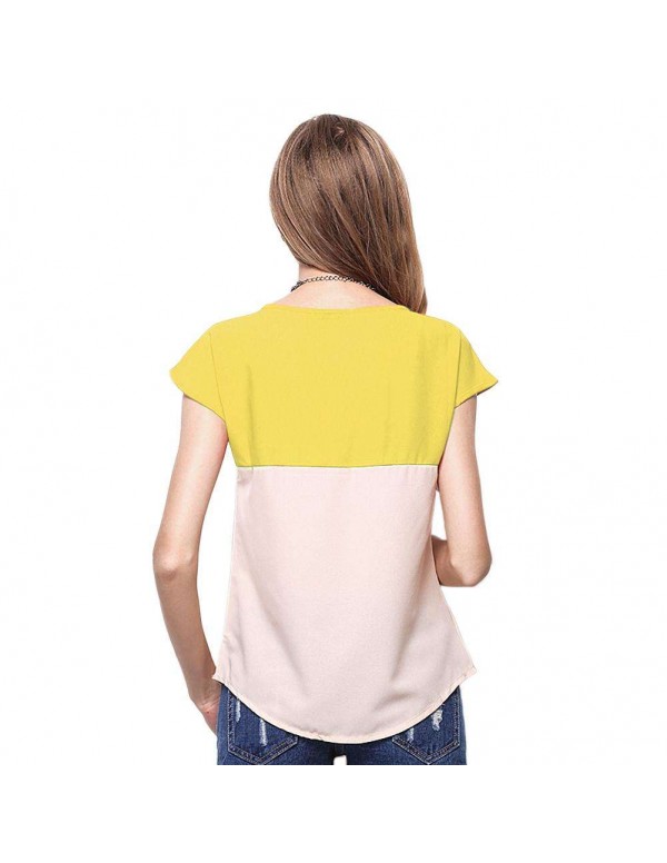 Fashion Short Sleeve Color Splicing T-Shirts Chiffon Tops(Yellow S)