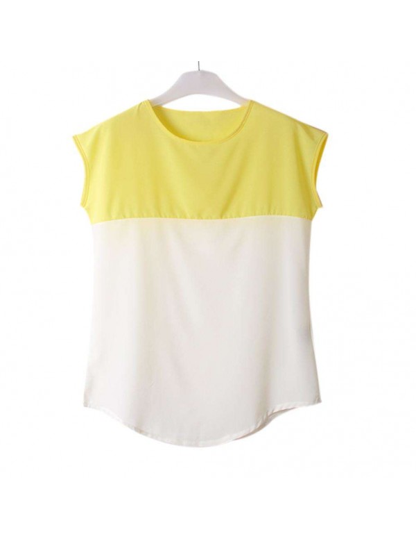 Fashion Short Sleeve Color Splicing T-Shirts Chiffon Tops(Yellow S)