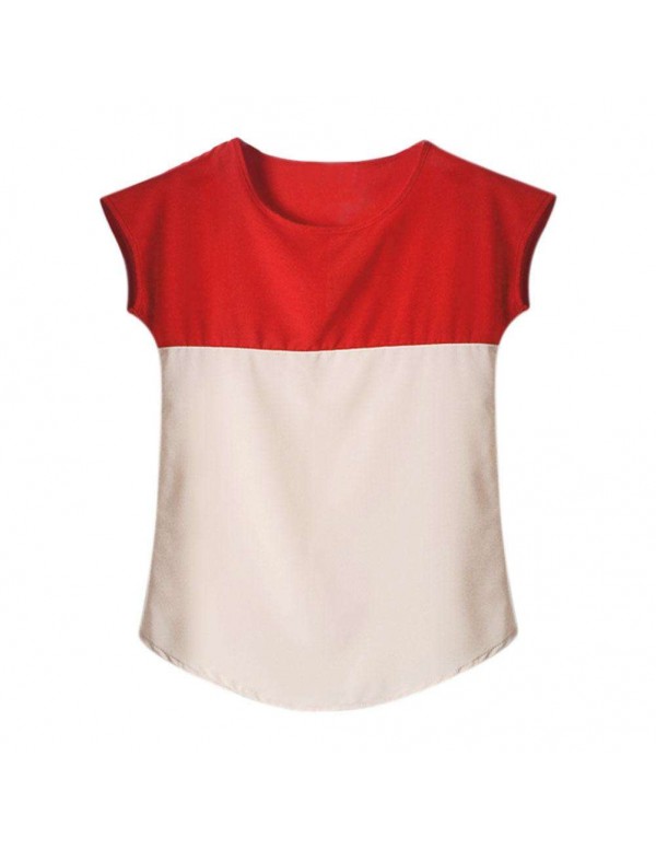 Fashion Chiffon Short Sleeve Dual Color T-Shirts Tees Tops(Red M)