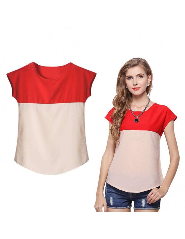 Fashion Chiffon Short Sleeve Dual Color T-Shirts Tees Tops(Red M)