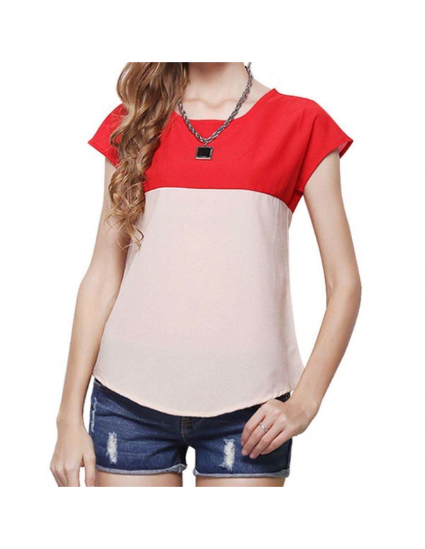 Fashion Chiffon Short Sleeve Dual Color T-Shirts Tees Tops(Red M)