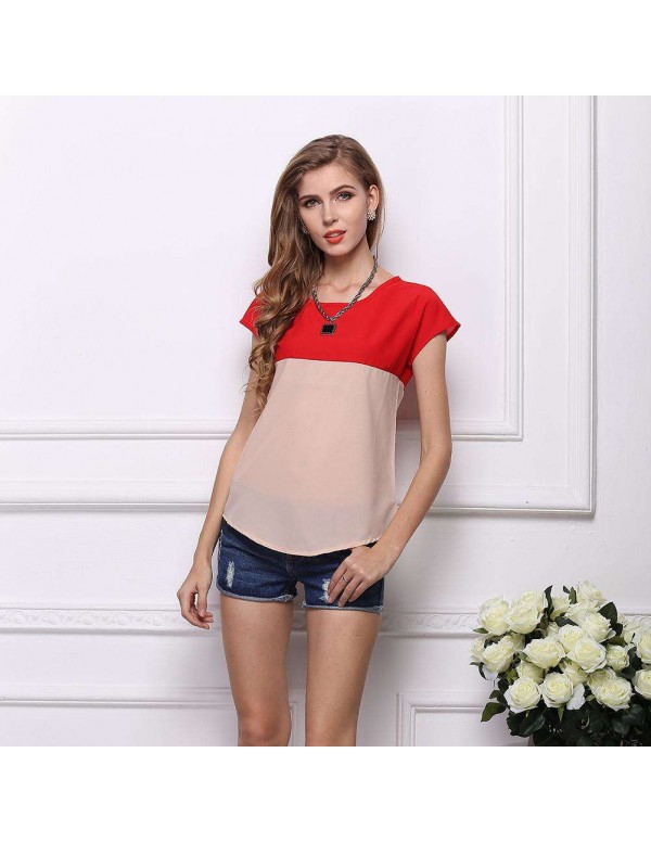 Fashion Chiffon Short Sleeve Dual Color T-Shirts Tees Tops(Red M)