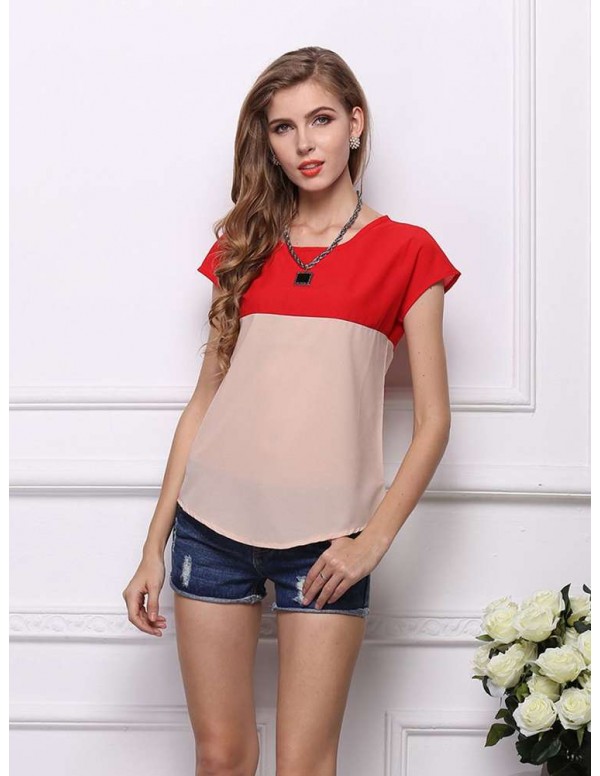 Fashion Chiffon Short Sleeve Dual Color T-Shirts Tees Tops(Red M)