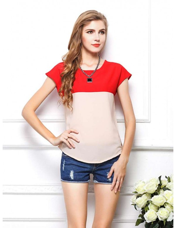 Fashion Chiffon Short Sleeve Dual Color T-Shirts Tees Tops(Red M)