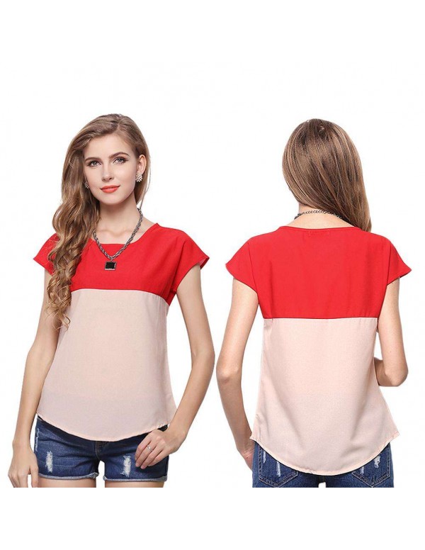 Fashion Chiffon Short Sleeve Dual Color T-Shirts Tees Tops(Red M)