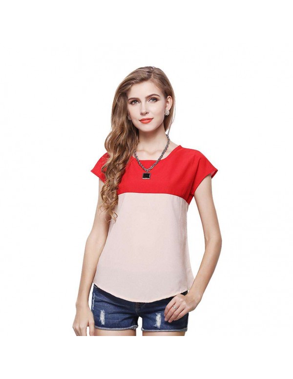 Fashion Chiffon Short Sleeve Dual Color T-Shirts Tees Tops(Red M)