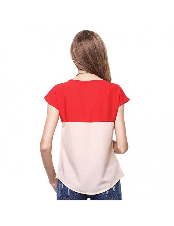 Fashion Chiffon Short Sleeve Dual Color T-Shirts Tees Tops(Red M)