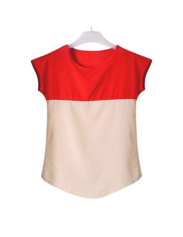 Fashion Chiffon Short Sleeve Dual Color T-Shirts Tees Tops(Red M)