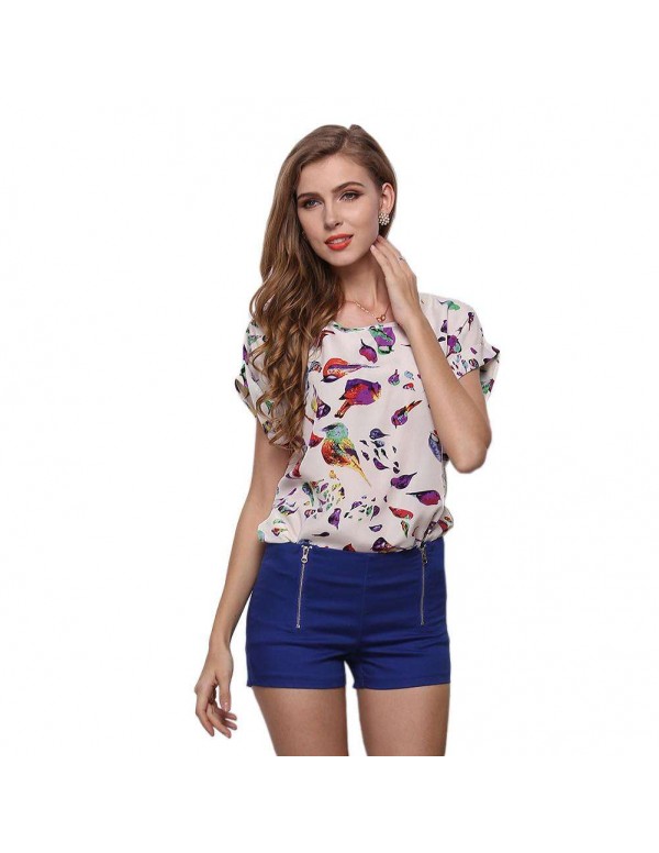 Fashion Short Sleeve Chiffon Print Casual New Tees Tops(Bird S)