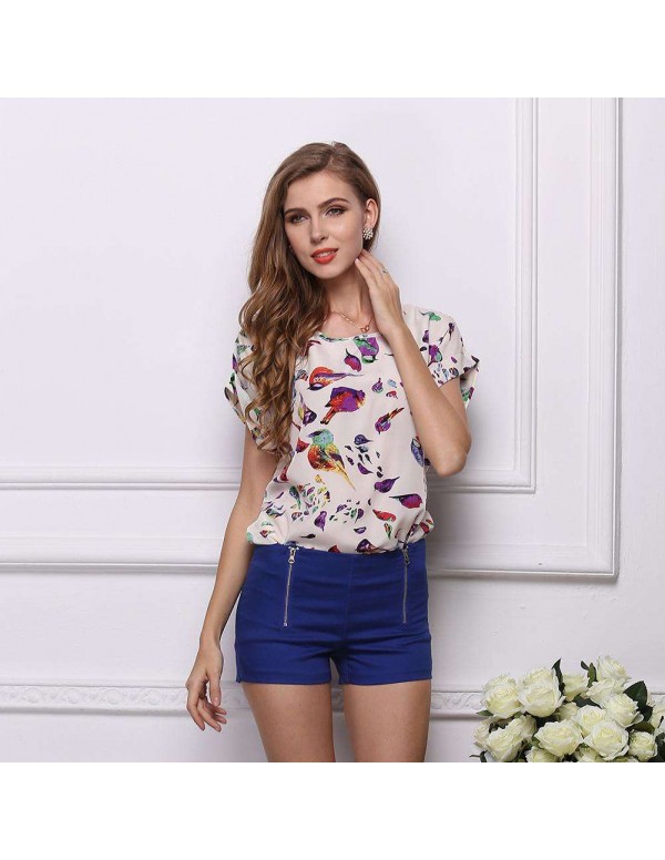 Fashion Short Sleeve Chiffon Print Casual New Tees Tops(Bird S)