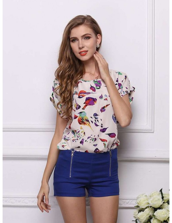 Fashion Short Sleeve Chiffon Print Casual New Tees Tops(Bird S)