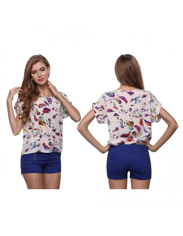 Fashion Short Sleeve Chiffon Print Casual New Tees Tops(Bird S)