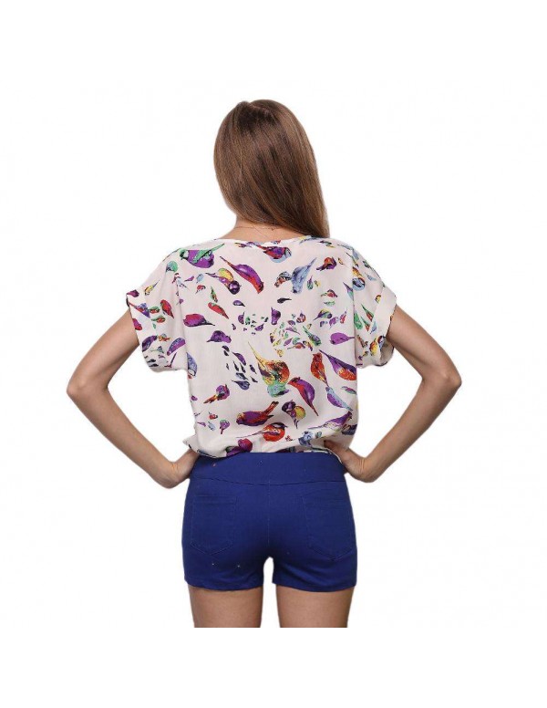 Fashion Short Sleeve Chiffon Print Casual New Tees Tops(Bird S)