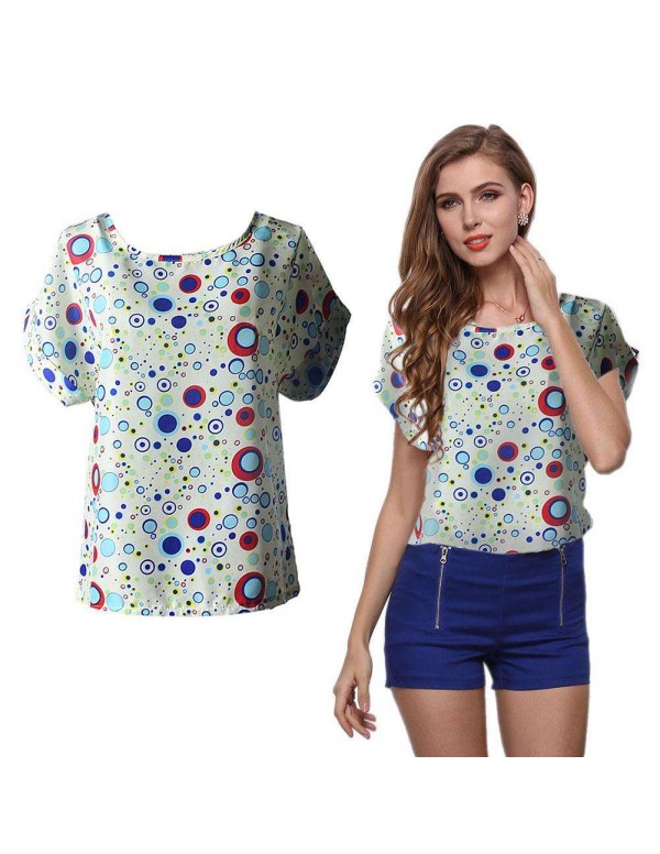 Fashion Short Sleeve Chiffon Tops Print Casual New Tees(Bubble S)