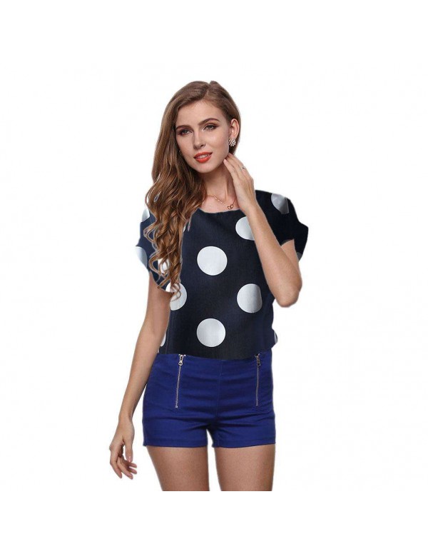 Short Sleeve Chiffon Tops Print Casual New T-Shirts Tees(Dot XL)