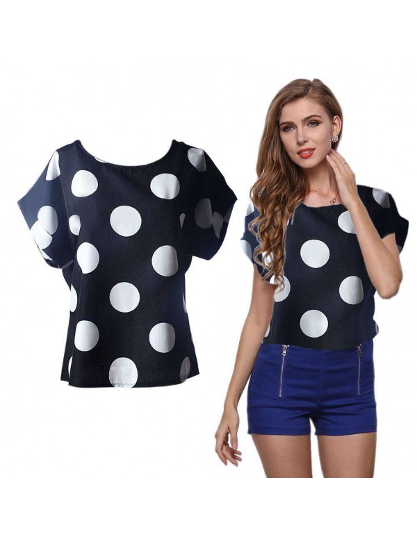 Short Sleeve Chiffon Tops Print Casual New T-Shirts Tees(Dot XL)