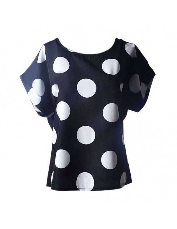 Short Sleeve Chiffon Tops Print Casual New T-Shirts Tees(Dot XL)