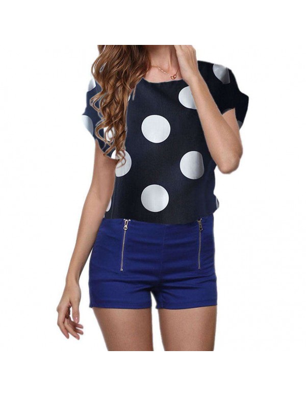 Short Sleeve Chiffon Tops Print Casual New T-Shirts Tees(Dot XL)