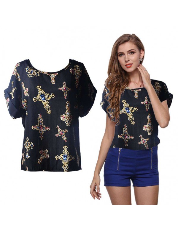 Short Sleeve Chiffon Tops Print Casual New T-Shirts(Cross S)