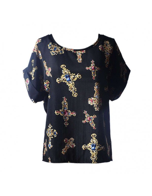 Short Sleeve Chiffon Tops Print Casual New T-Shirts(Cross S)