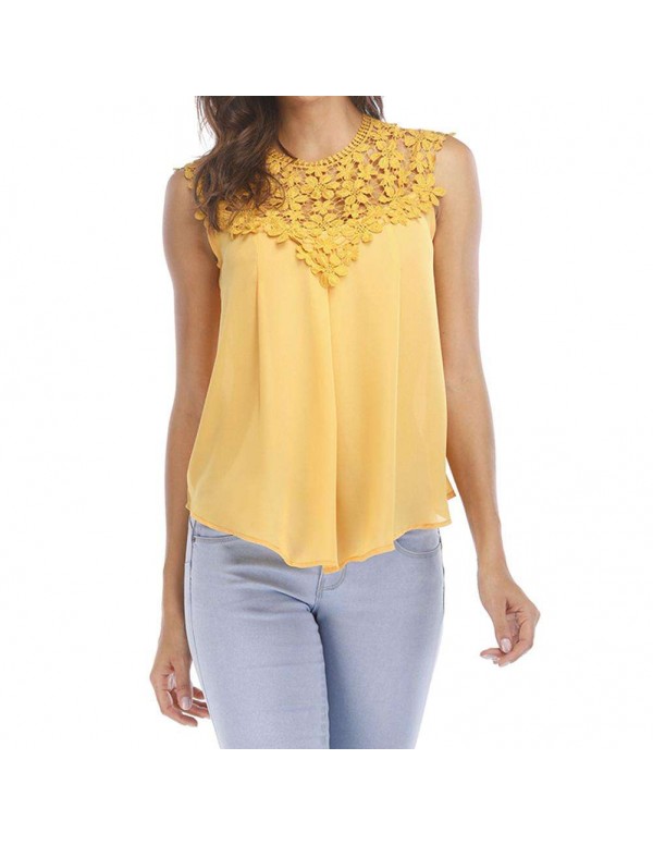 Chiffon Sleeveless Tops Lace Temperament New Casual Sexy Blouses(S