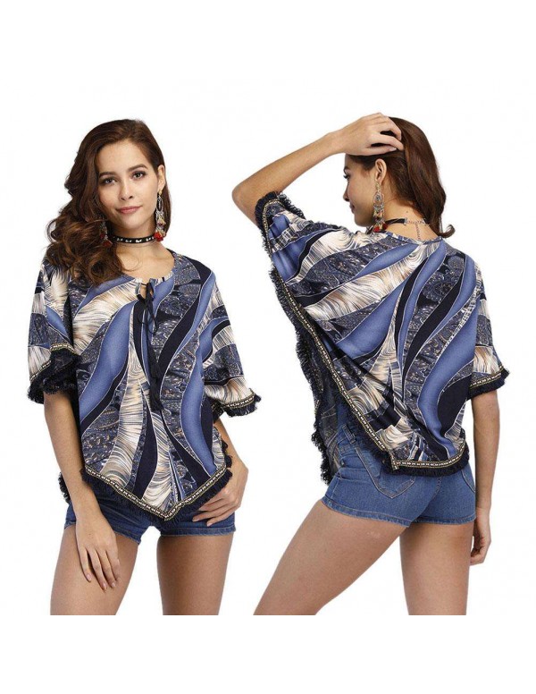 New Ethnic Folk Printed Tassels Loose Batwing Sleeve Blouses Tops