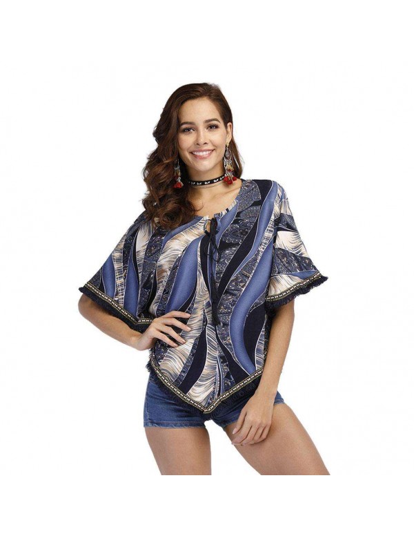 New Ethnic Folk Printed Tassels Loose Batwing Sleeve Blouses Tops