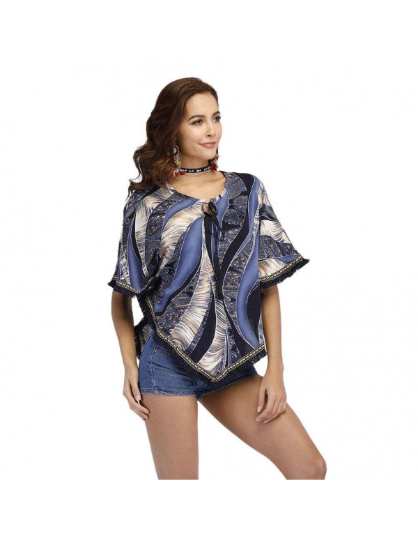 New Ethnic Folk Printed Tassels Loose Batwing Sleeve Blouses Tops