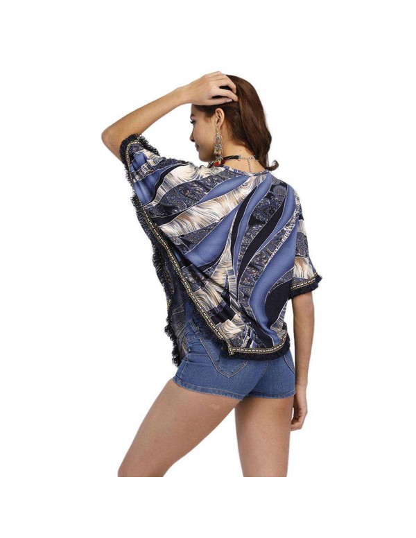 New Ethnic Folk Printed Tassels Loose Batwing Sleeve Blouses Tops