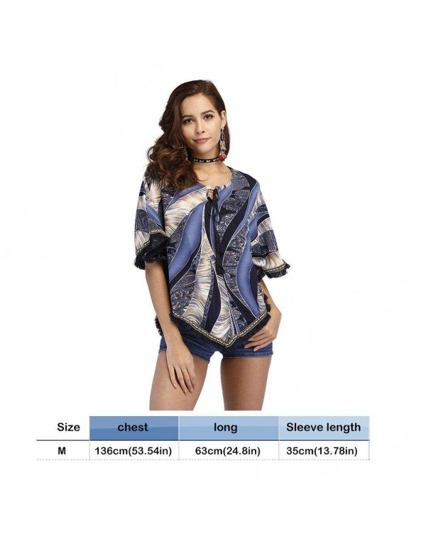 New Ethnic Folk Printed Tassels Loose Batwing Sleeve Blouses Tops