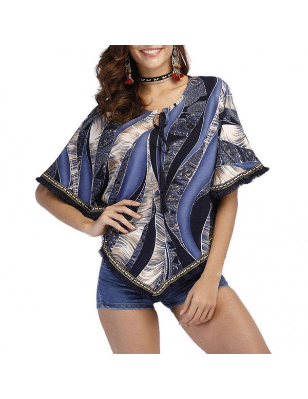 New Ethnic Folk Printed Tassels Loose Batwing Sleeve Blouses Tops