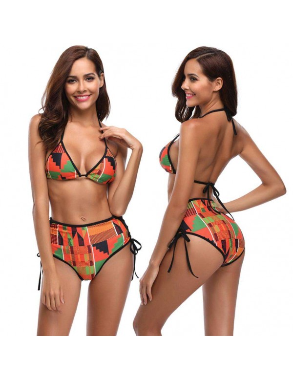 Sexy Split Swimsuit Padded Bandage Halter Geometry Print Bikini Set/L