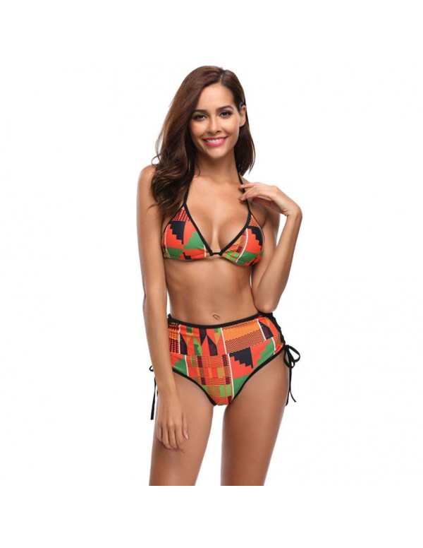 Sexy Split Swimsuit Padded Bandage Halter Geometry Print Bikini Set/L