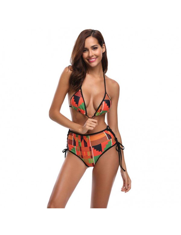 Sexy Split Swimsuit Padded Bandage Halter Geometry Print Bikini Set/L