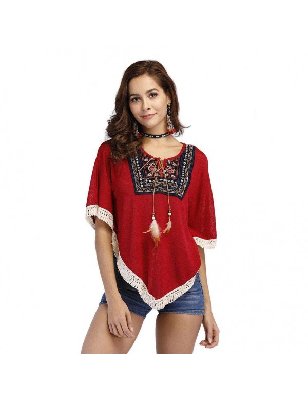 Ethnic Batwing Sleeve Print Tassel Irregular Casual Loose Blouse Tops