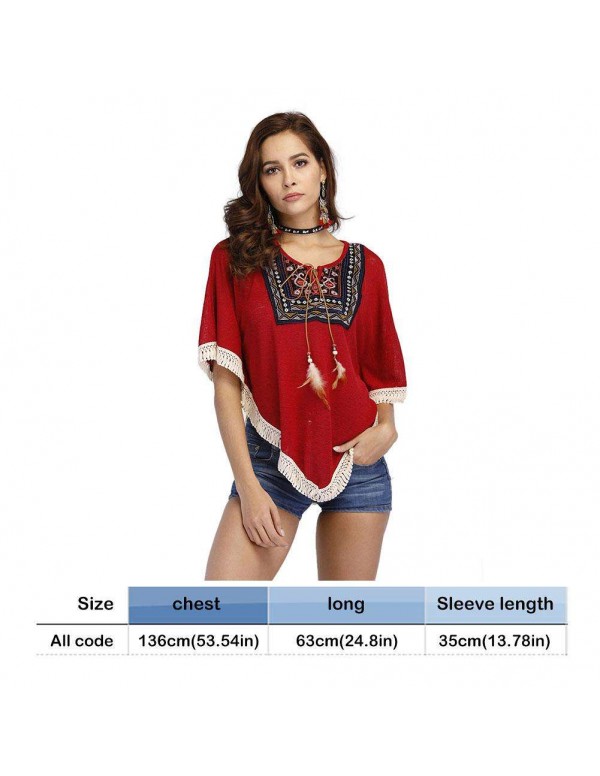 Ethnic Batwing Sleeve Print Tassel Irregular Casual Loose Blouse Tops