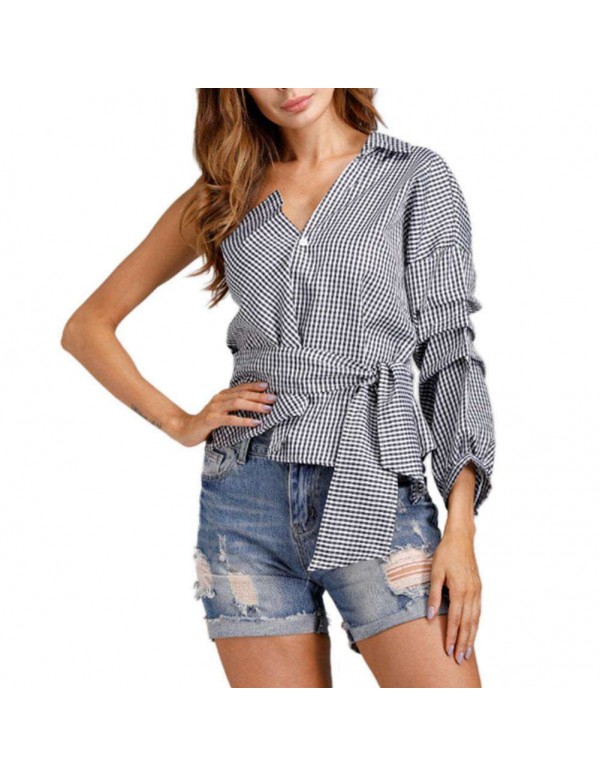 Sexy One Shoulder Plaid Irregular Tops Chiffon Tie Casual Blouses/S