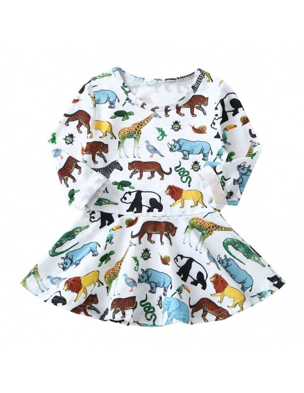 Child Cartoon Animals Print Baby Girls Long Sleeve Princess Dresses (12-18M)