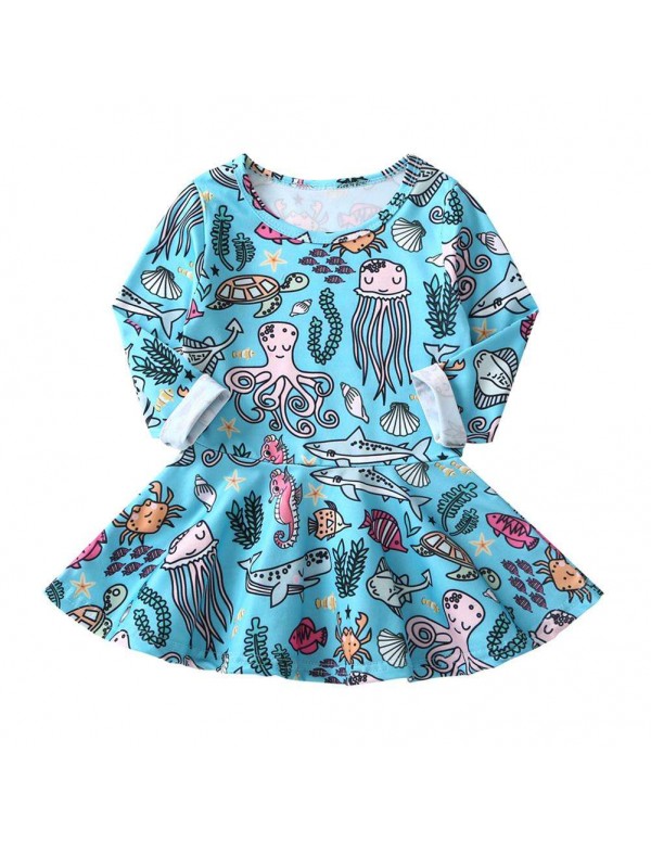 Cartoon Ocean World Print Baby Child Girls Long Sl...