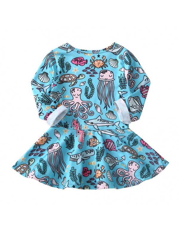 Cartoon Ocean World Print Baby Child Girls Long Sleeve Infant Dress (5-6T)