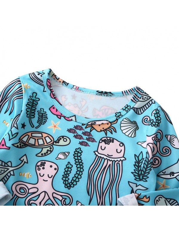 Cartoon Ocean World Print Baby Child Girls Long Sleeve Infant Dress (5-6T)