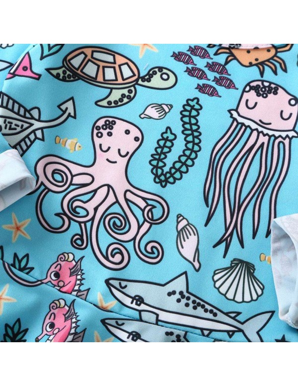 Cartoon Ocean World Print Baby Child Girls Long Sleeve Infant Dress (5-6T)