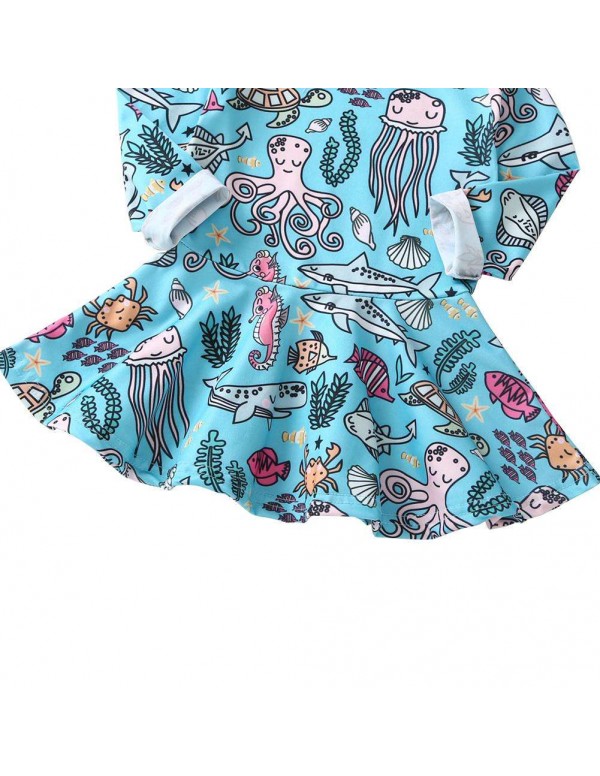 Cartoon Ocean World Print Baby Child Girls Long Sleeve Infant Dress (5-6T)