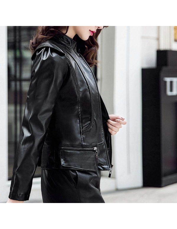 Autumn PU Faux Leather Jacket Gothic Zippers Long Sleeve Slim Coat